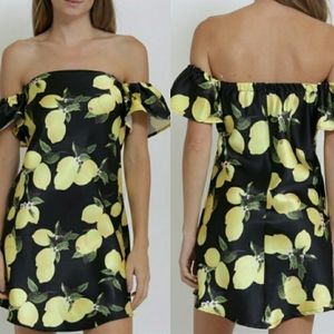 Rosette Lemon Print Off Shoulder Vacation Tropical Mini Dress
